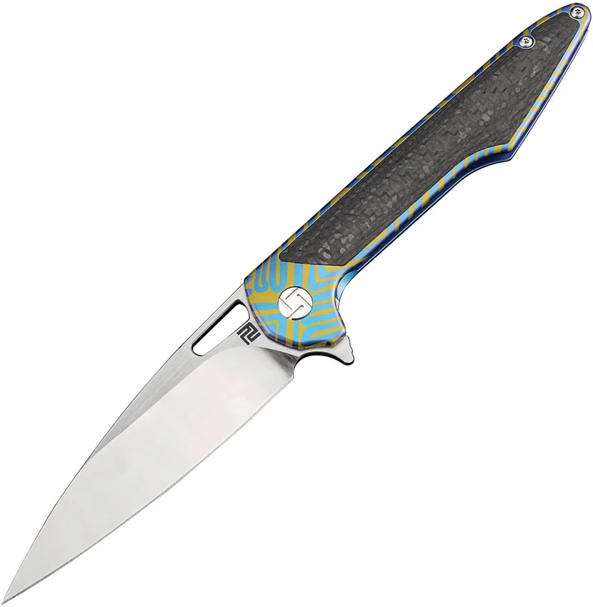 Artisan Cutlery Archaeo Frame Lock Flipper Knife Blue/Green Ti/CF (3.75" Satin)