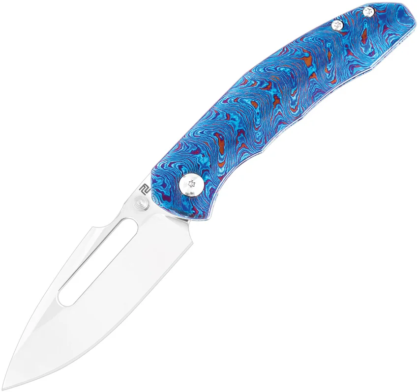 Artisan Cutlery Boa Frame Lock Knife Blue Titanium Damascus (3.1" Mirror Polish)
