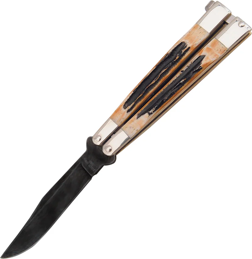 Bear Butterfly Knife w/ Genuine Stag Handle (4" Black Plain ) 517