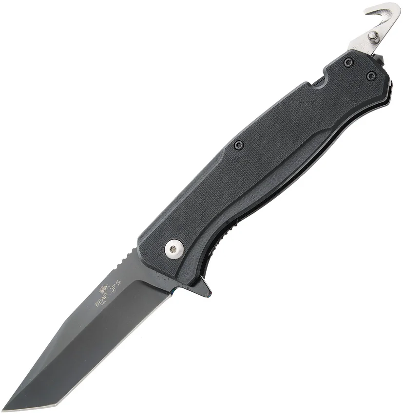 Bear Ops Bear Swipe IV Spring Assisted Knife W/ Rescue Hook G-10 (3.25" Black)