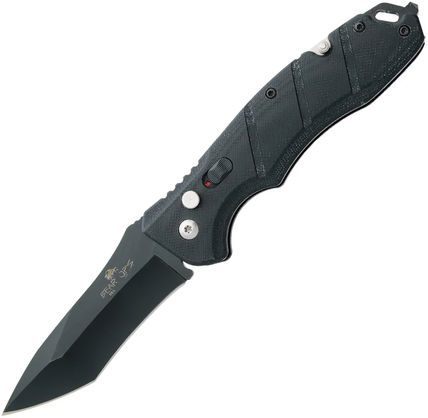Bear OPS Bold Action V Tanto Automatic Rescue Knife Black G-10 (3.25" Black)
