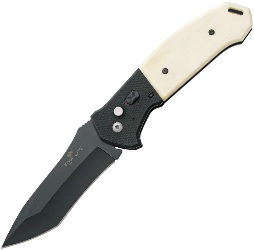 Bear OPS Bold Action V Tanto Automatic Knife Black G-10/White Bone (3.75" Black)