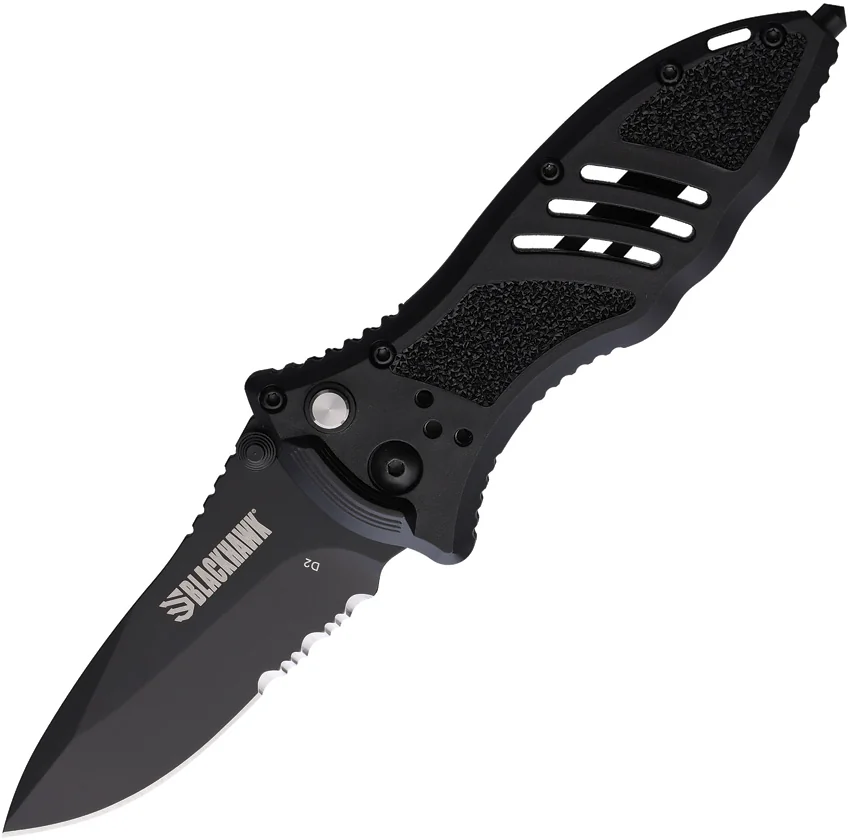 BLACKHAWK CQD Small Button Lock Knife Black FRN (3" Black PVD Serr)
