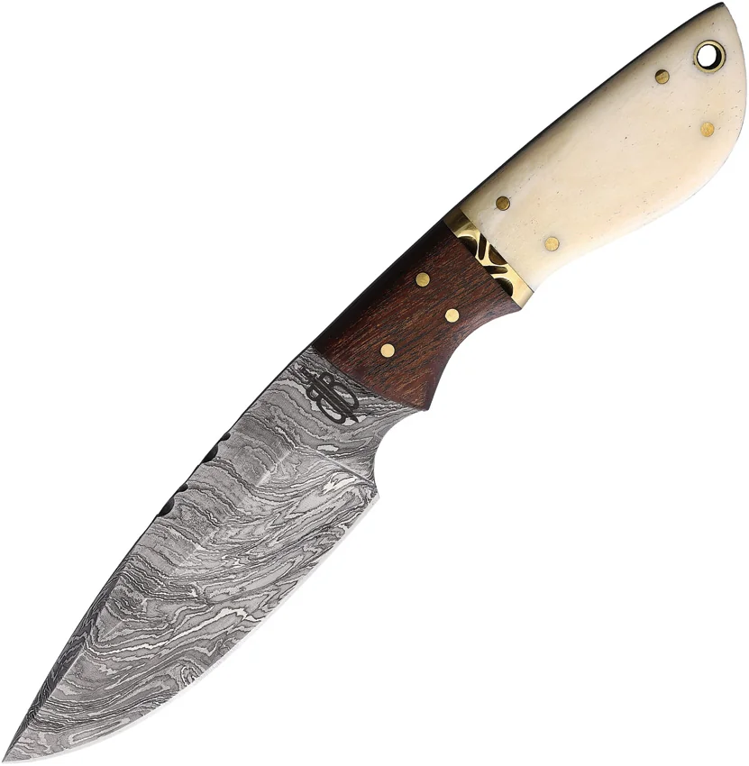 Buck N Bear Fixed Blade Knife Bone Handle Wood Bolster (4.5" Damascus)