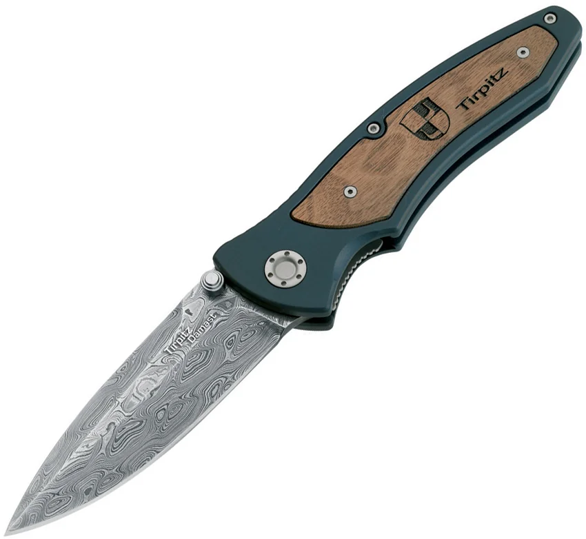 Boker Tirpitz Damascus Liner Lock Knife Aluminum/Walnut (4" Gold Damascus)