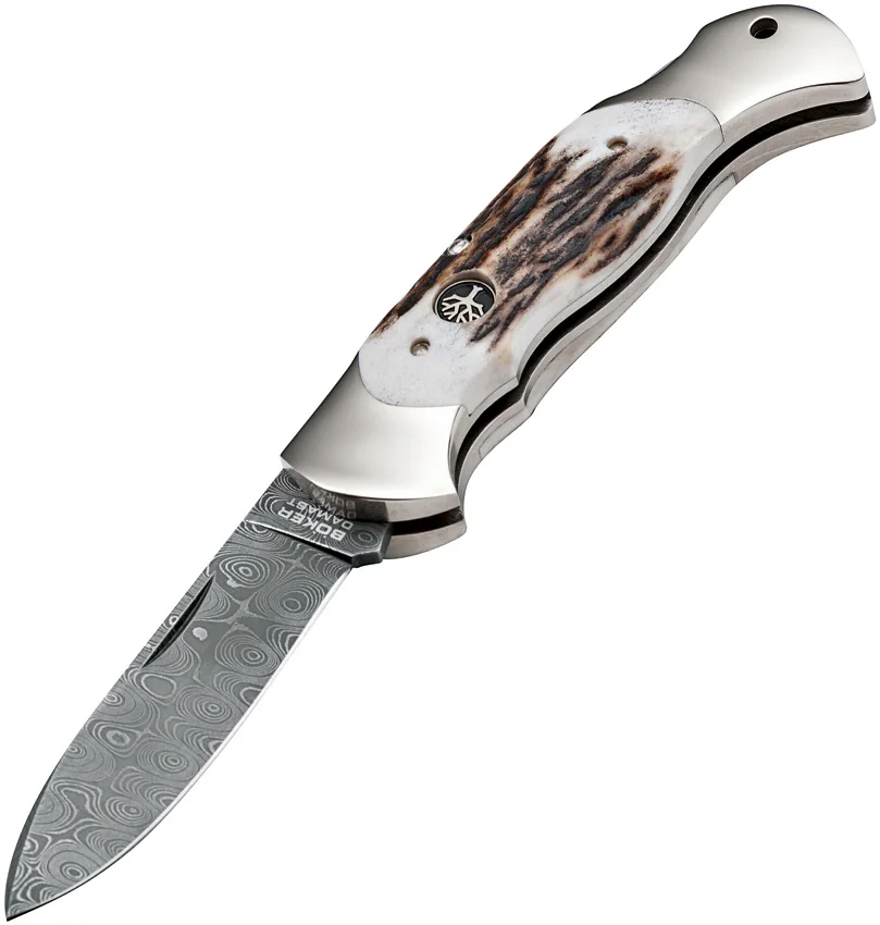 Boker Scout Spear Point Knife Stag Handle (3" Damascus) 112201DAM
