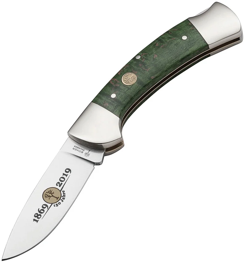 Boker 3000 150th Anniversary Lockback Knife Green Curly Birch (3.4" Satin)