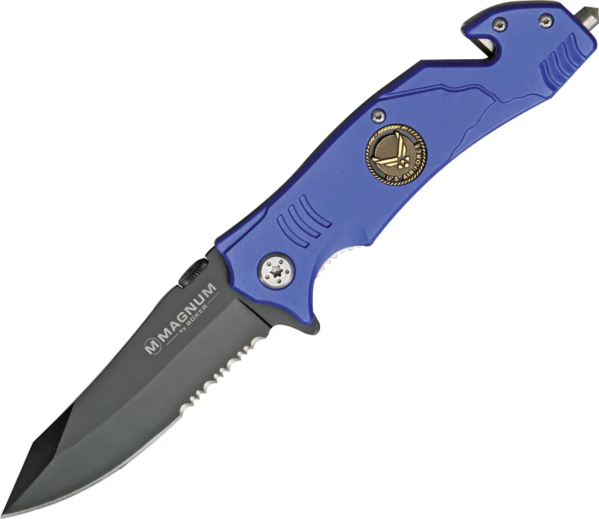 Boker Air Force Rescue Flipper Liner Lock Knife Blue (3.375" Black Serr) 01LL473
