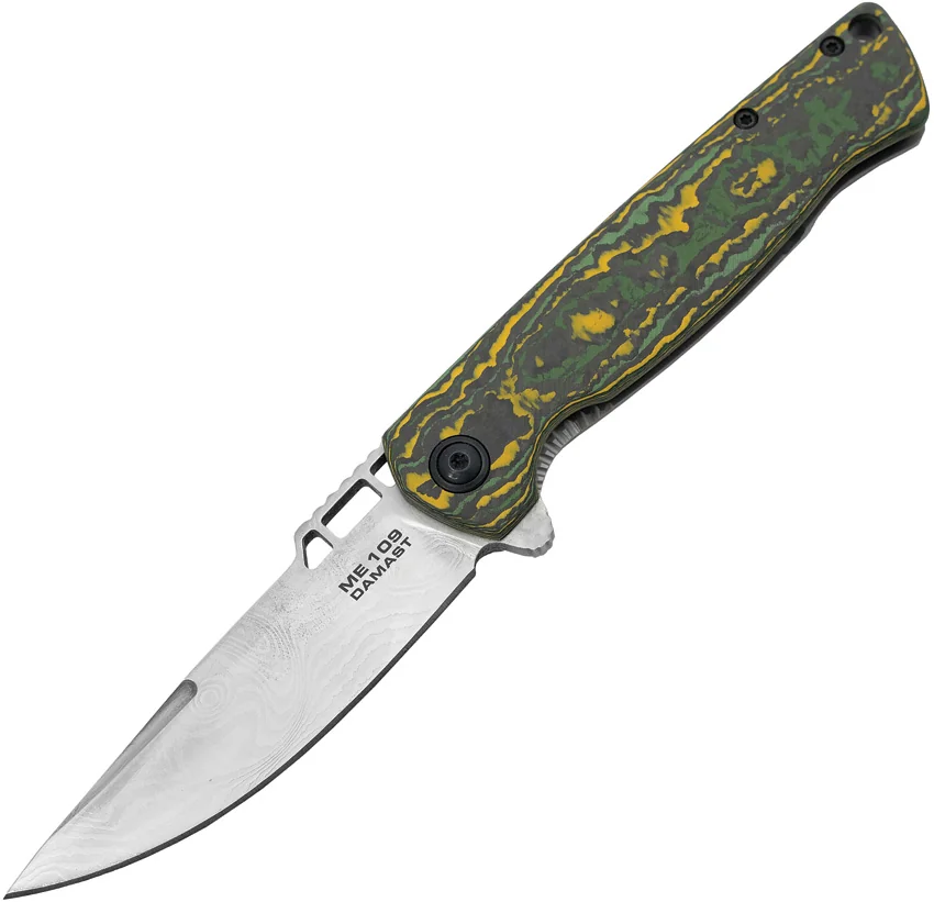 Boker ME 109 Damast Flipper Knife Toxic Storm CF (3.4" Messerschmitt Damascus)
