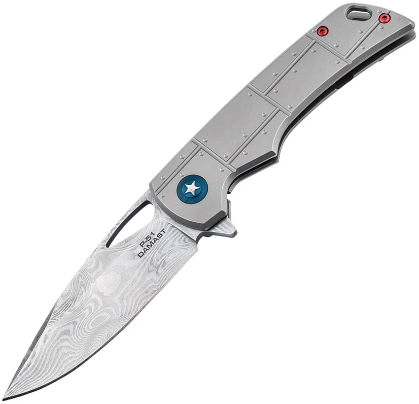 Boker P-51 Mustang Damast Flipper Knife Titanium (3.3" Damascus)