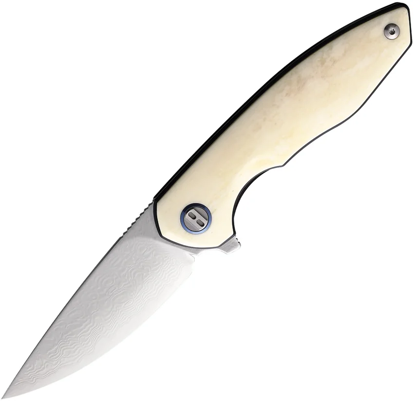 Bestech Knives Bambi Flipper Knife Ox Bone/Blue Ring (3.1" Blasted Damascus)
