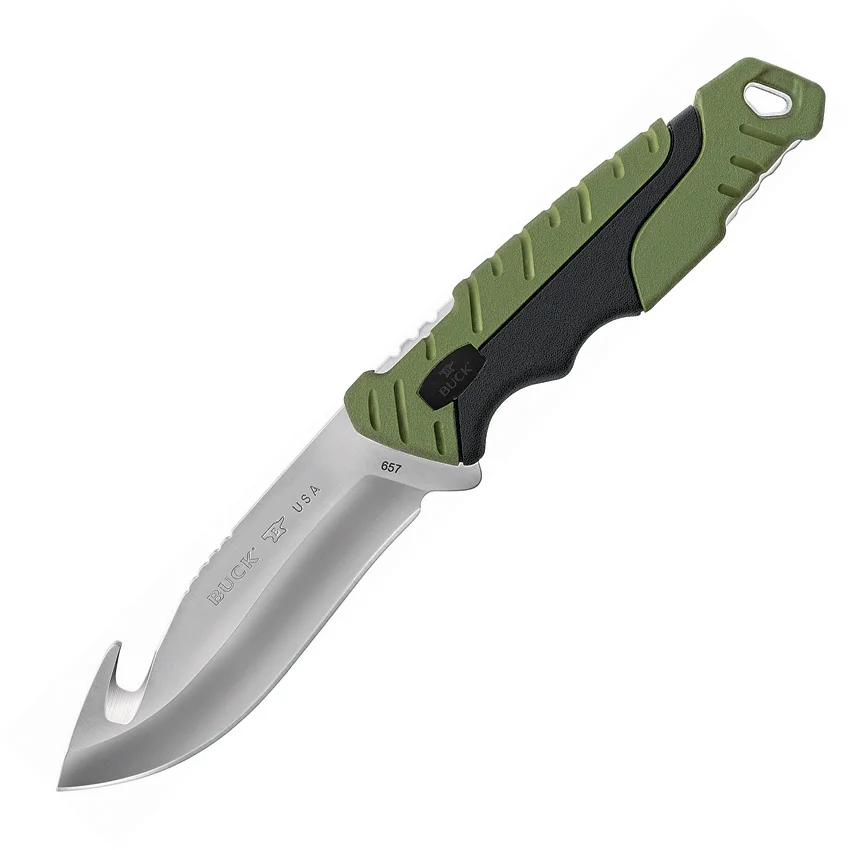 Buck Pursuit Large Guthook Fixed Blade Knife Green GFN (4.5" Satin) 0657GRG