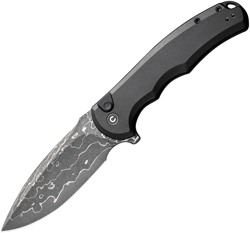 CIVIVI Praxis Flipper Button Lock Knife Black Aluminum (3.7" Damascus)