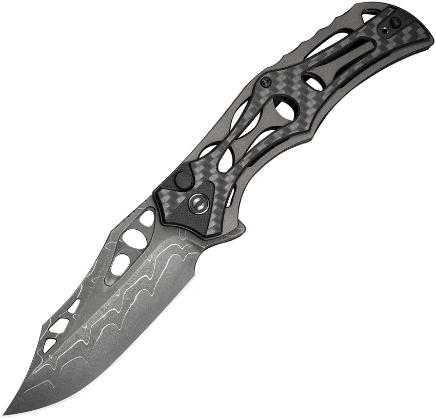 CIVIVI Biophase Button Lock Knife Gray Aluminum/CF/Black G-10 (3.5" Damascus)