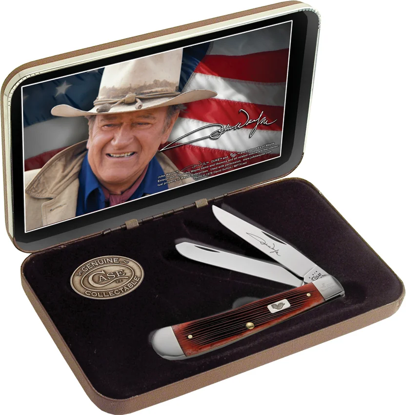 Case John Wayne Trapper Gift Set 4.125" Jigged Dark Red Bone (6254SS) 7444