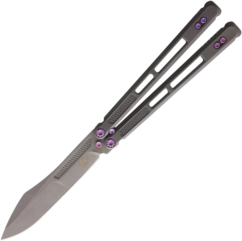 EOS Trident Balisong Butterfly Knife Gray Titanium w/ Purple (4.5" SW S30V)