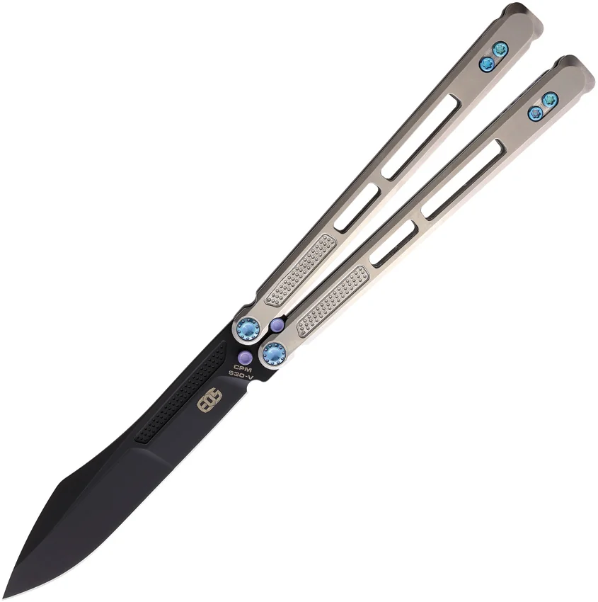 EOS Trident Balisong Butterfly Knife Satin Titanium w/ Blue (4.5" Black S30V)