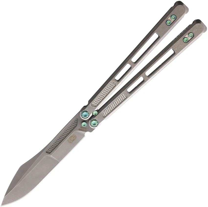 EOS Trident Balisong Butterfly Knife Gray Titanium w/ Green (4.5" SW S30V)