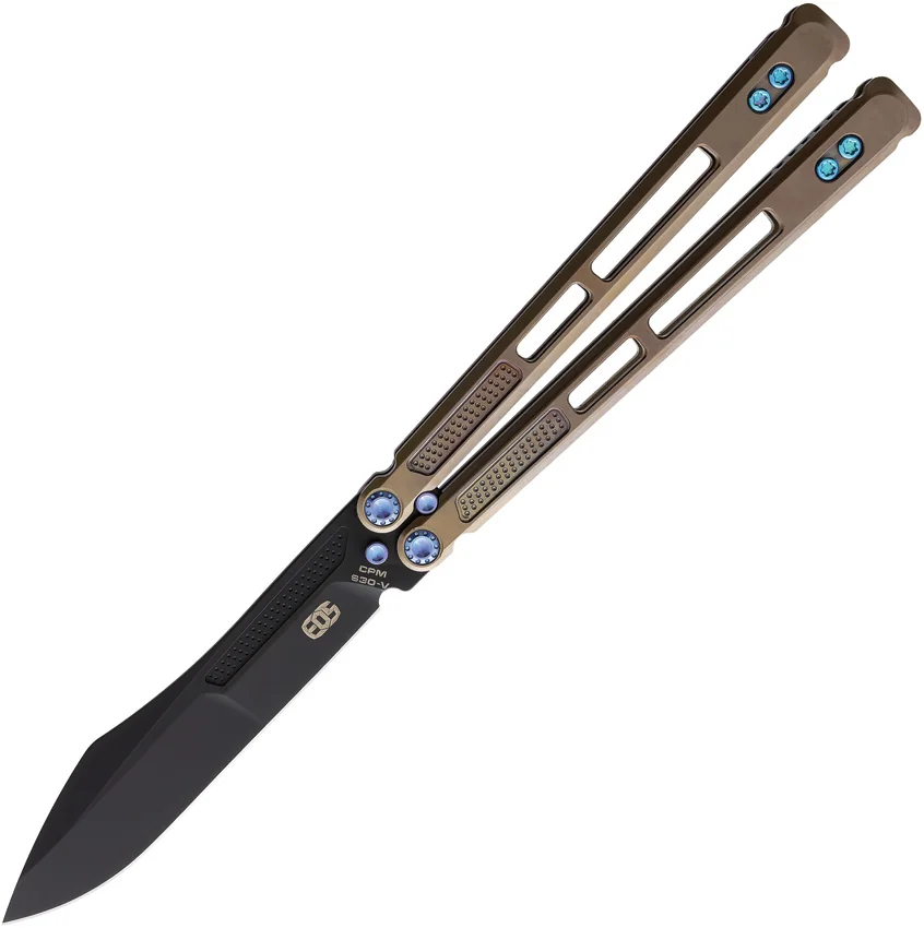 EOS Trident Balisong Butterfly Knife Bronze Titanium w/ Blue (4.5" Black S30V)