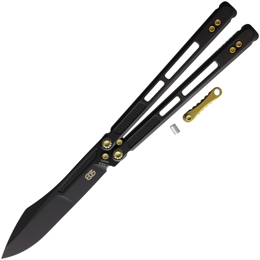EOS Trident Balisong Butterfly Knife Black Titanium w/ Gold (4.5" Black S30V)