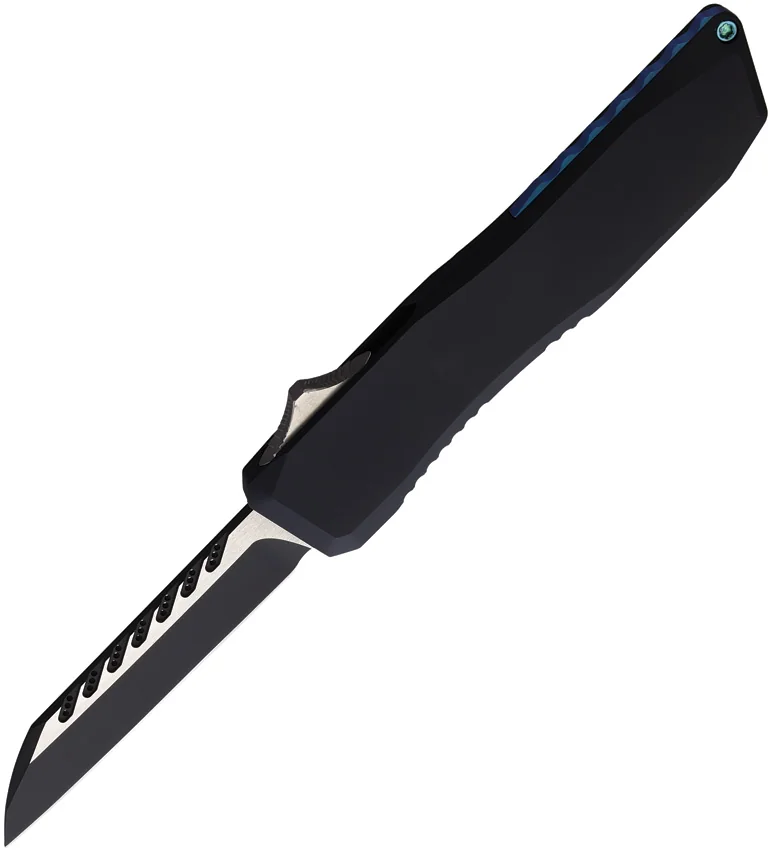 EOS Harpoon Wharncliffe OTF Knife Black Aluminum w/ Blue Clip (3.75" Two-Tone)