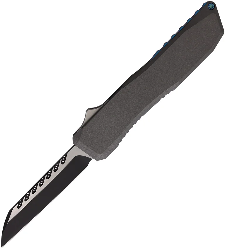EOS Harpoon Wharncliffe OTF Knife Tungsten Gray w/ Blue Clip (3.75" Two-Tone)