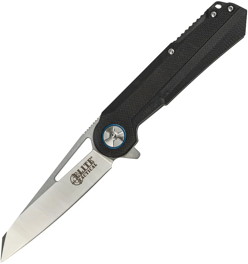 Elite Tactical Folder Liner Lock Knife Black G-10 w/ Blue Ring (3.5" Satin)
