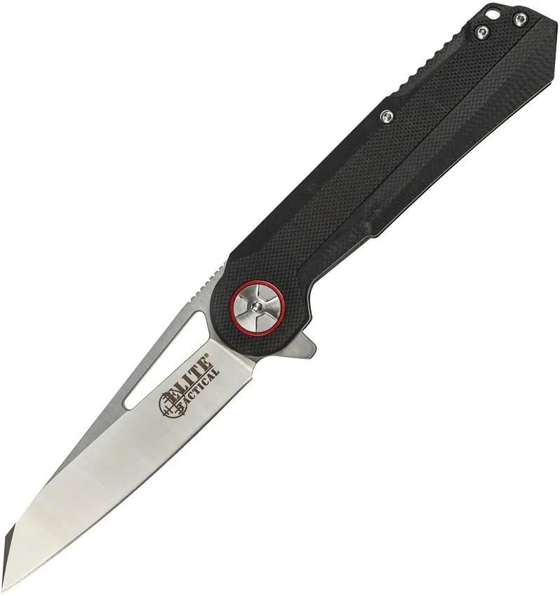 Elite Tactical Folder Liner Lock Knife Black G-10 w/ Red Ring (3.5" Satin)