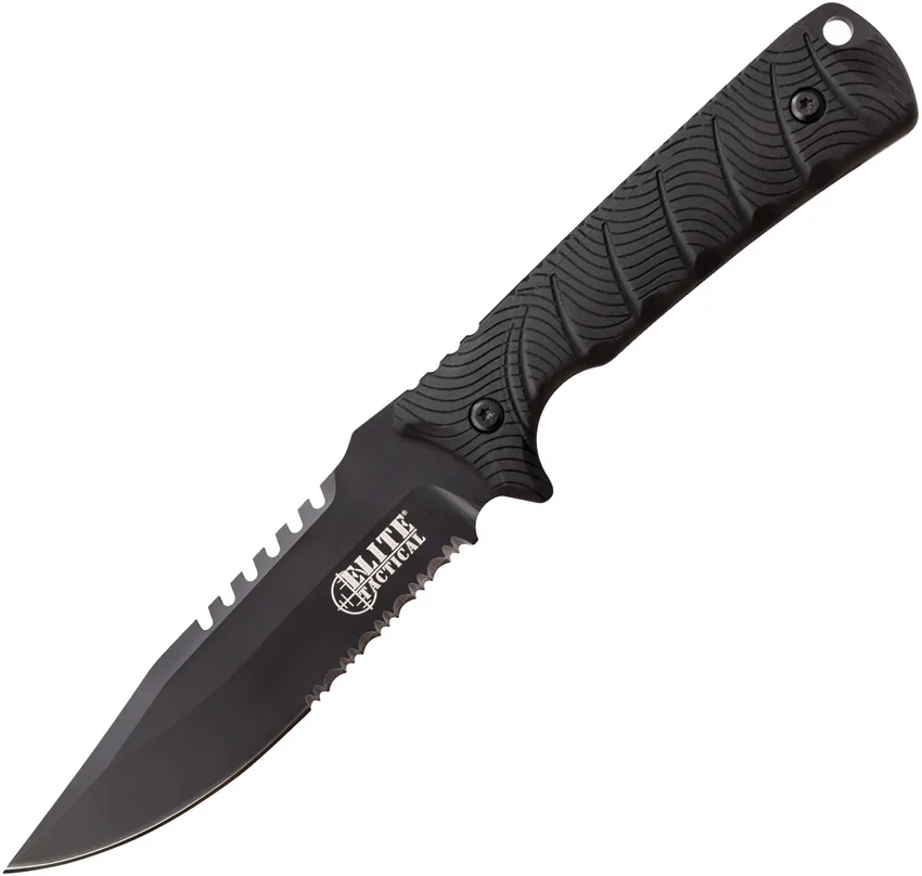 Elite Tactical Bowie Fixed Blade Knife Black G-10 (5" Black Serr)