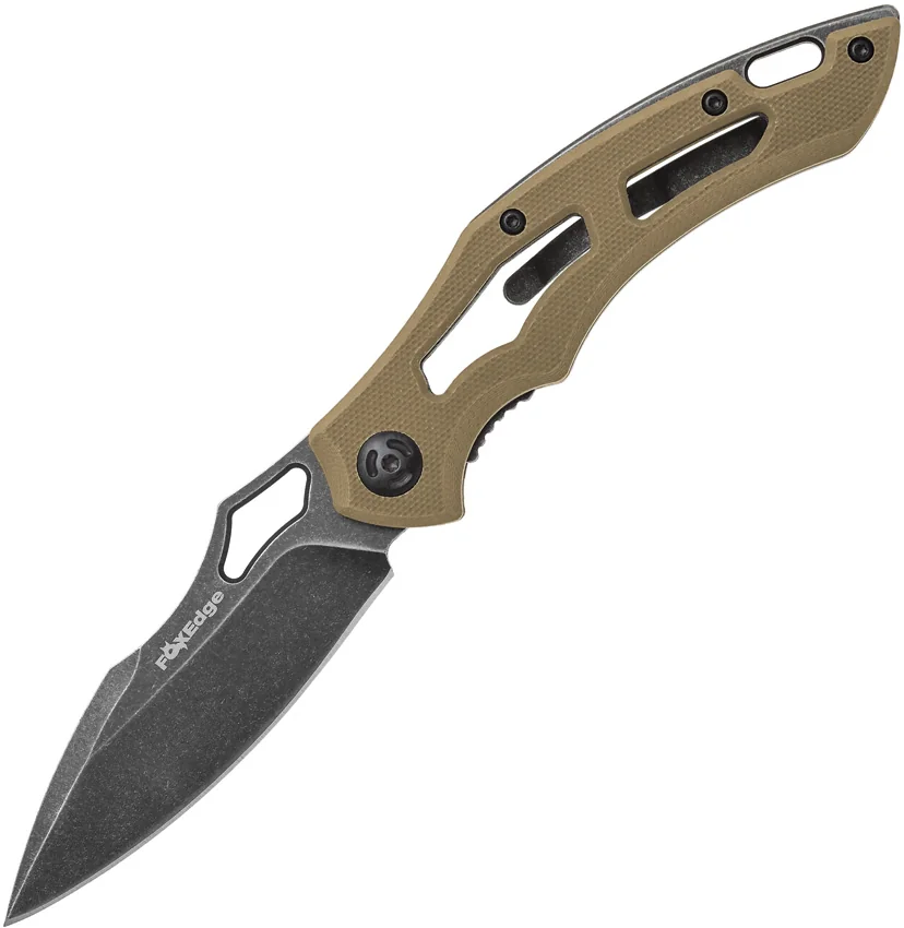 Fox Edge Sparrow Liner Lock Knife Tan G-10 (3.5" Black Stonewash)