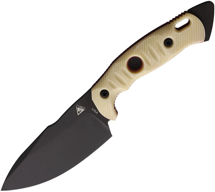 Fobos Knives Alaris 3V Fixed Blade Knife Aged Ivory Paper w/Red Mic (5" Black)