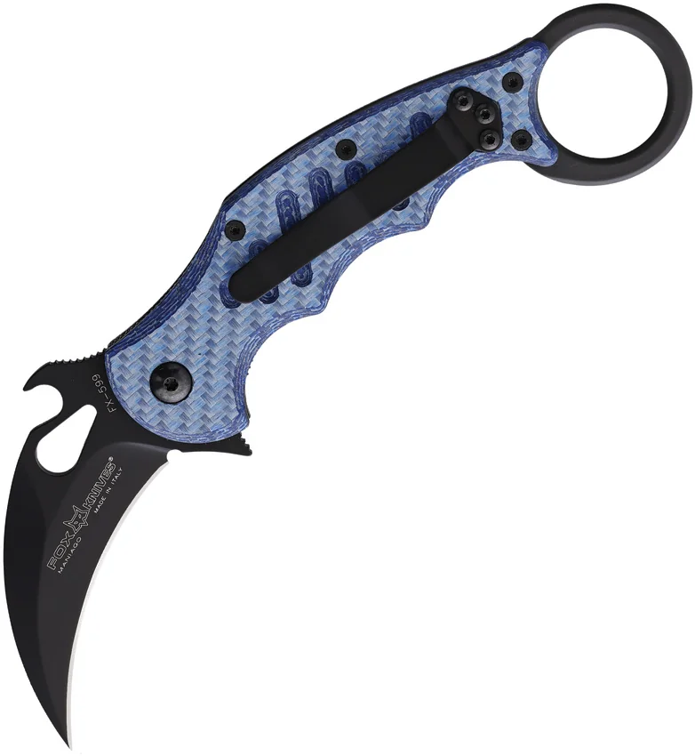 Fox Knives Karambit Liner Lock Knife Blue Twill Carbon Fiber (2.5" Black)