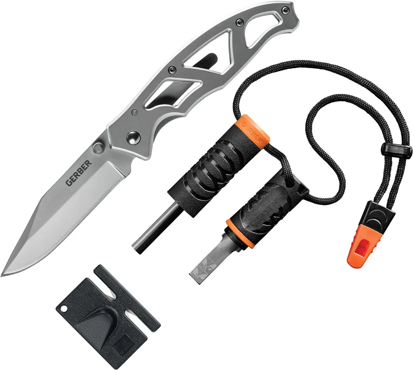 Gerber Paraframe Knife + Sharpener + Fire Starter + Whistle Combo G4134