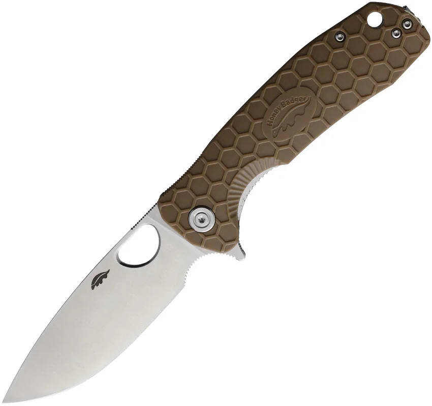 Honey Badger Knives Large Flipper Drop Point Tan FRN (3.625" Satin) HB1002