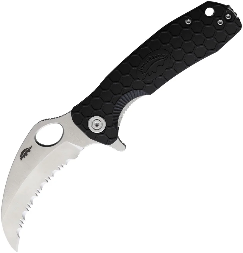 Honey Badger Knives Medium Claw Serrated Black FRN (3" Satin) HB1131