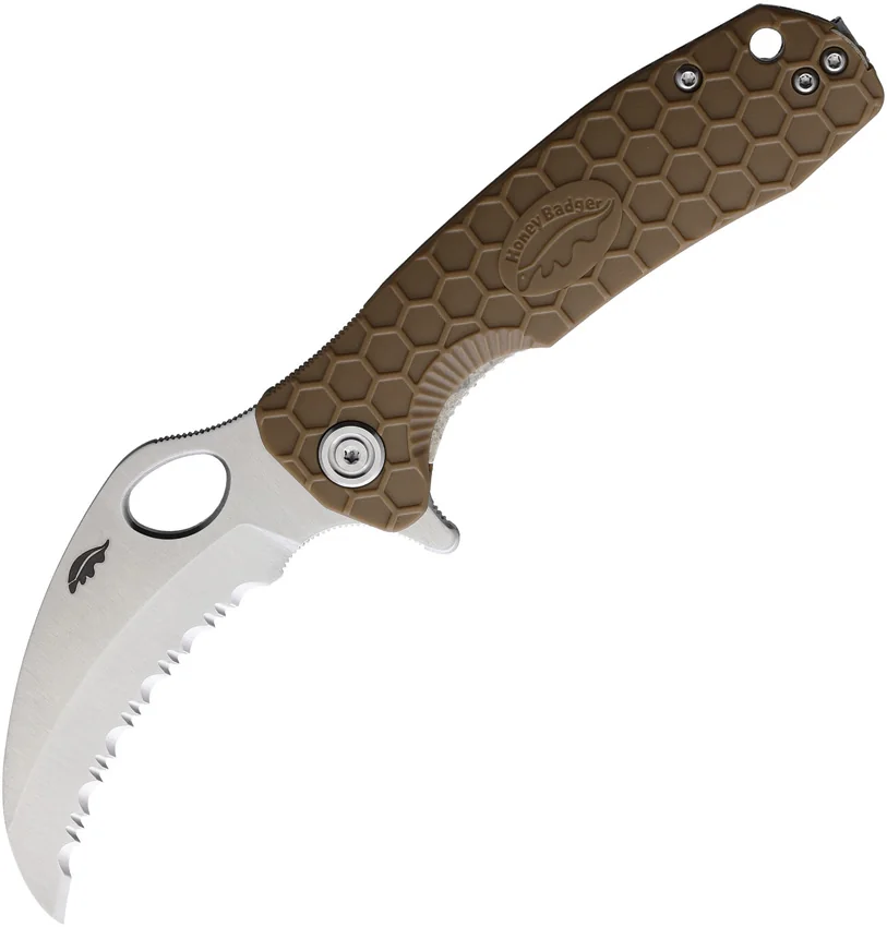 Honey Badger Knives Medium Flipper Hawkbill Tan FRN (3" Satin)