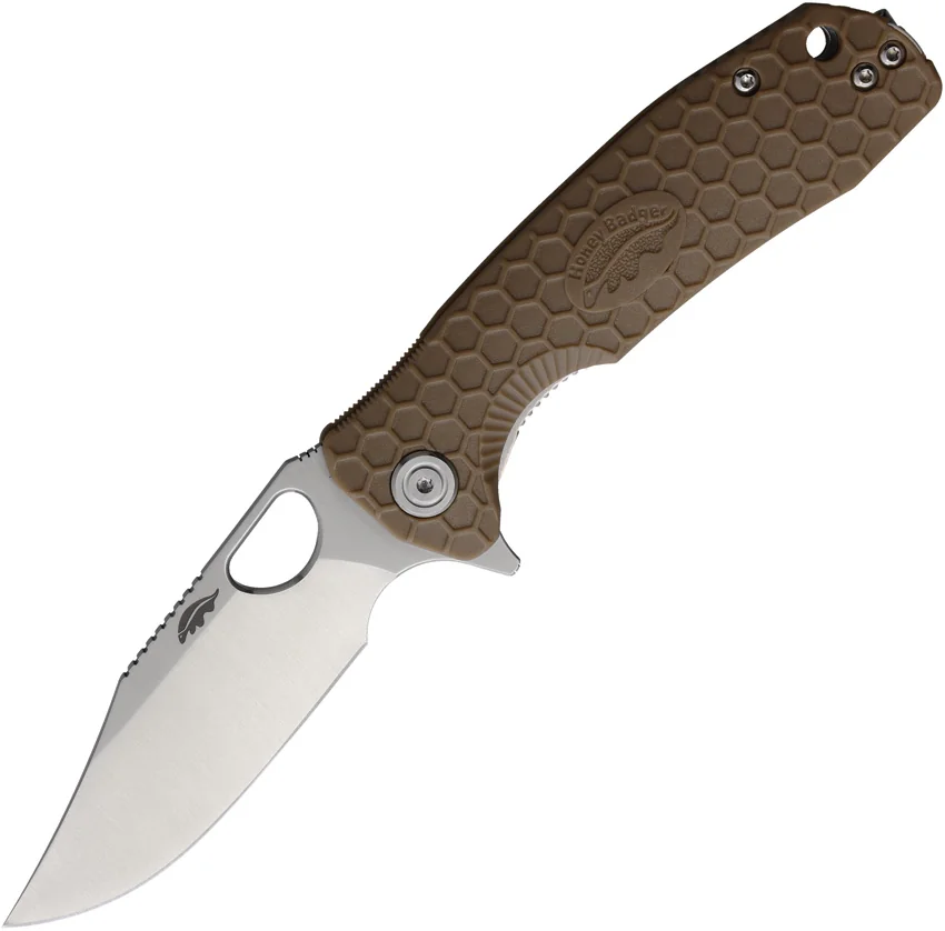 Honey Badger Knives Medium Flipper Clip Point Tan FRN (3.25" Satin)