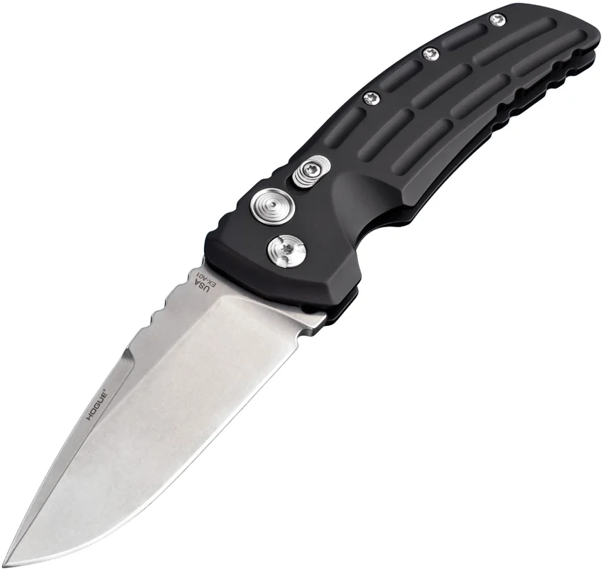 Hogue EX-A01 Automatic Drop Point Knife Black Aluminum (4" Stonewash) 34116