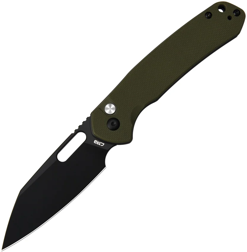 CJRB Cutlery Pyrite-Alt Wharncliffe Button Lock Knife Green G-10 (3.1" Black)