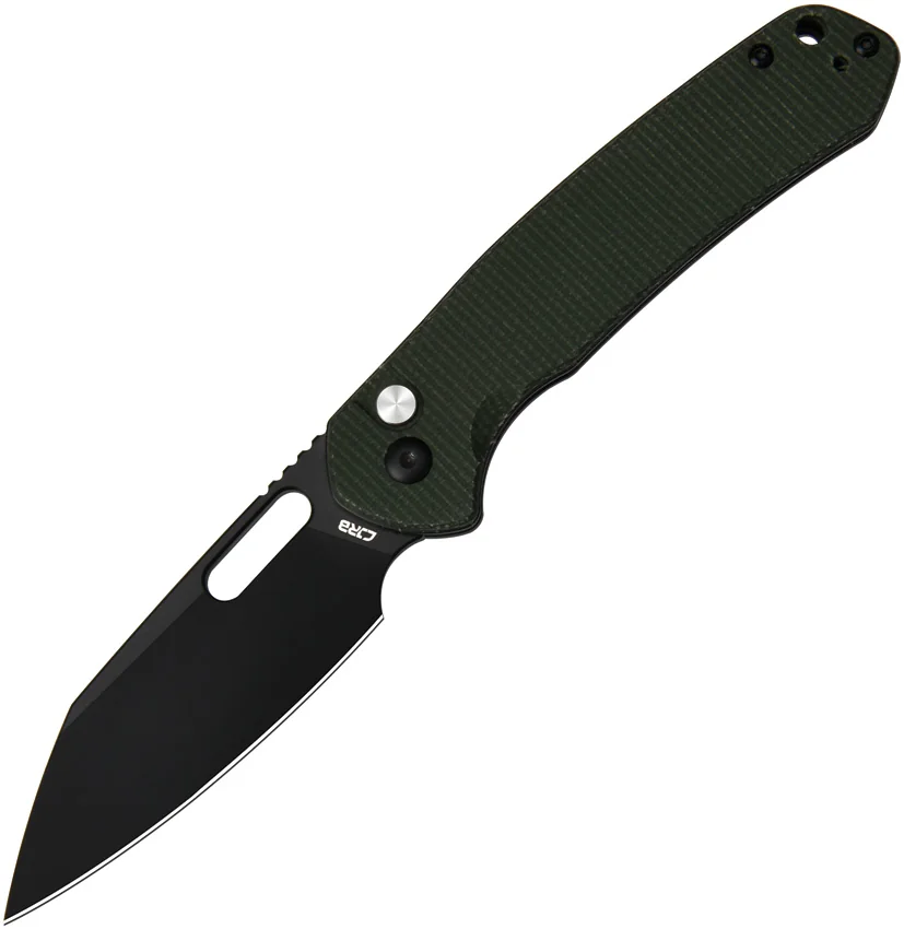 CJRB Cutlery Pyrite-Alt Wharncliffe Button Lock Knife Green Micarta (3.1" Black)