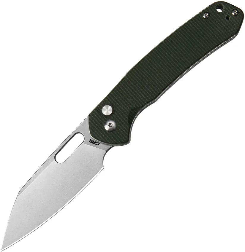 CJRB Cutlery Pyrite-Alt Wharncliffe Button Lock Knife Green Micarta (3.1" SW)