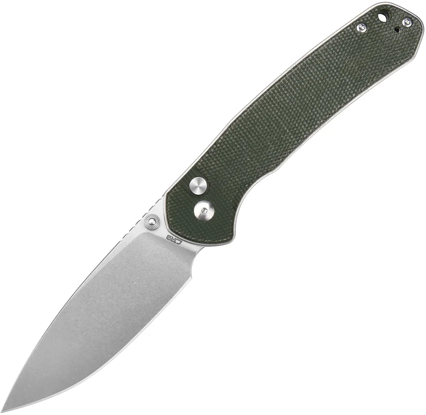 CJRB Cutlery Large Pyrite Button Lock Knife OD Green Micarta (3.7" SW)