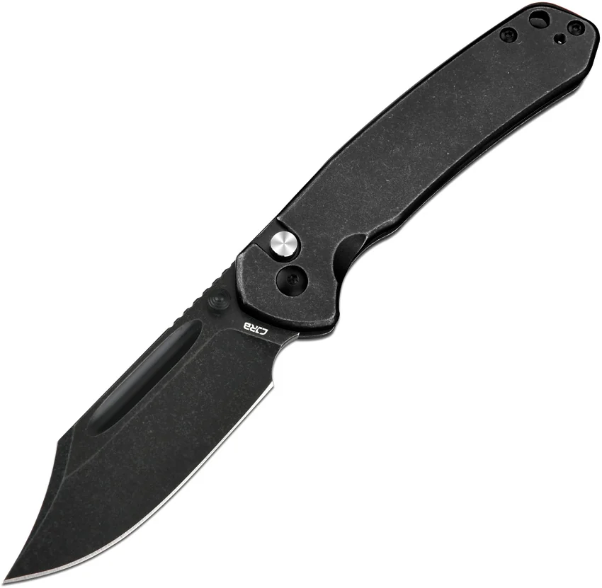 CJRB Cutlery Pyrite Bowie Button Lock Knife Black Steel (3.1" Black SW)