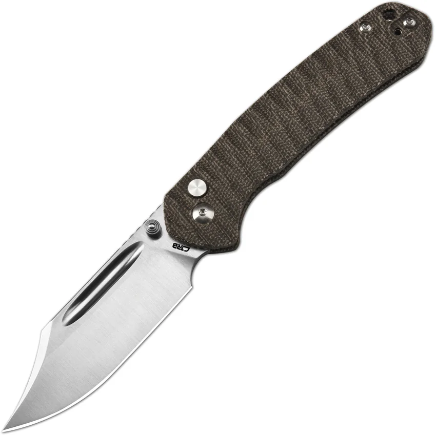 CJRB Bowie Pyrite Button Lock Knife Green Micarta (3.2" Sand Polish AR-SFII)