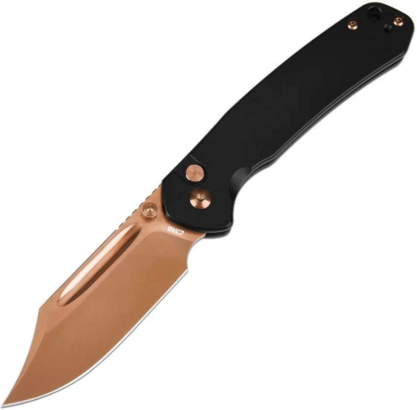 CJRB Cutlery Pyrite Bowie Button Lock Knife Black Steel (3.1" Rose Gold)