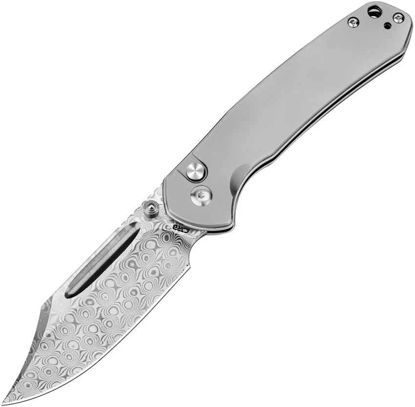CJRB Cutlery Pyrite Bowie Button Lock Knife Gray Titanium (3.1" Damascus)