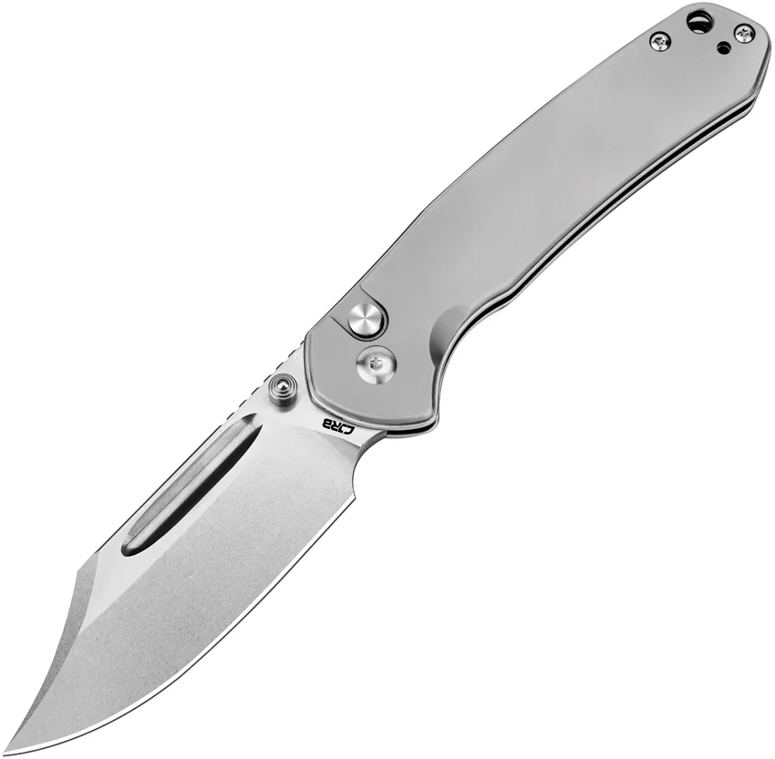 CJRB Cutlery Pyrite Bowie Button Lock Knife Gray Titanium (3.1" Stonewash)
