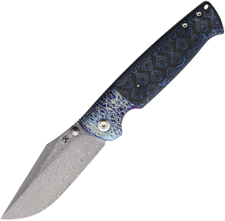 Kansept Shikari Frame Lock Knife Black Rose CF/Lightning Strike (4" Damascus)