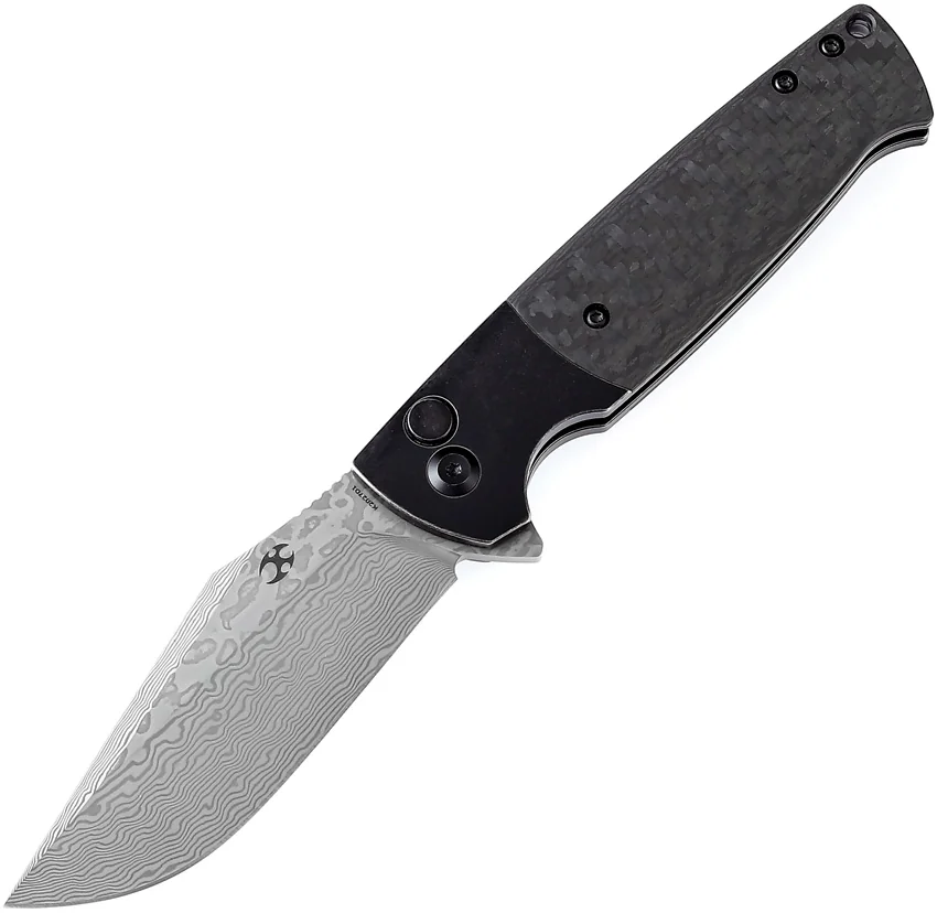 Kansept Shikari Button Lock Knife Carbon Fiber/Ti (3.36" Damascus)