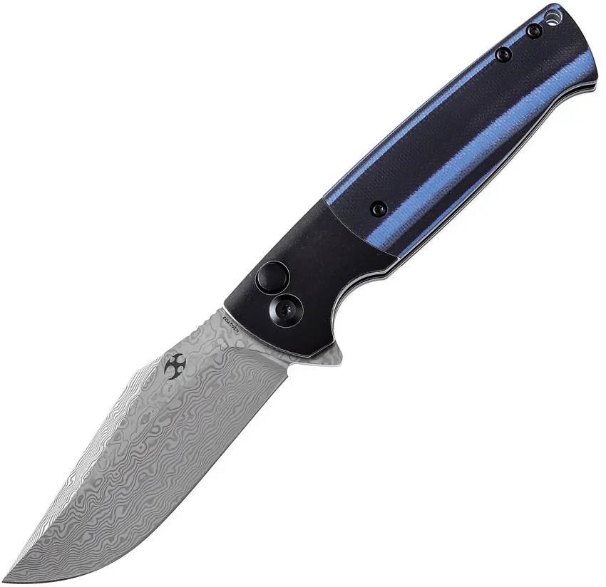 Kansept Shikari Button Lock Knife Black/Blue Ti + G-10 (3.36" Damascus)